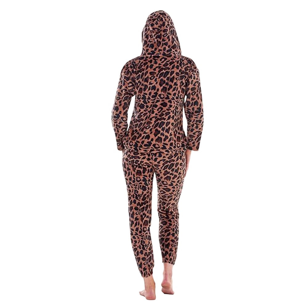 Brown-Black - Back - Keanu Womens-Ladies Leopard Print Fleece Long Pyjama Set