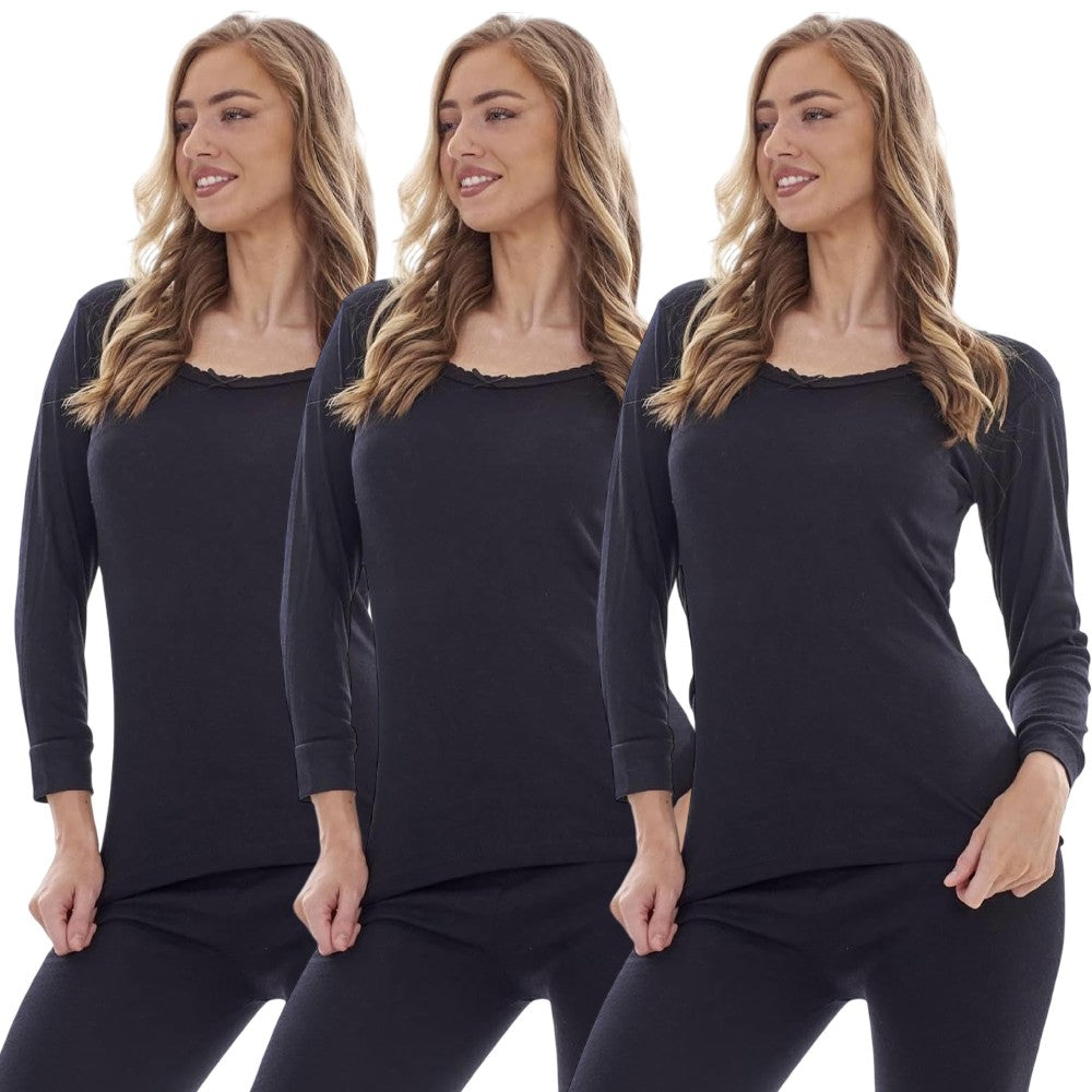 Black - Front - Heatforce Womens-Ladies Long-Sleeved Thermal Top (Pack of 3)