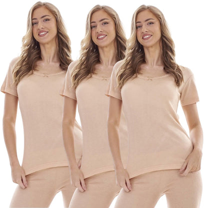 Beige - Front - Heatforce Womens-Ladies Short-Sleeved Thermal Top (Pack of 3)