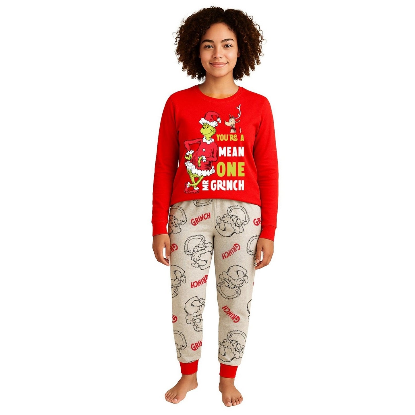 Red-White - Lifestyle - The Grinch Womens-Ladies You´re A Mean One Mr. Grinch Christmas Long Pyjama Set
