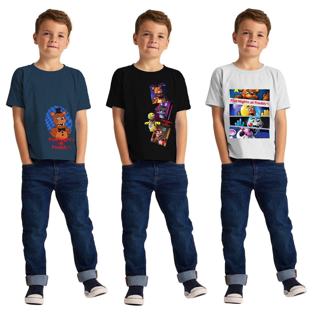 Blue-Grey-Black - Back - Five Nights At Freddys Childrens-Kids Collage T-Shirt (Pack of 3)