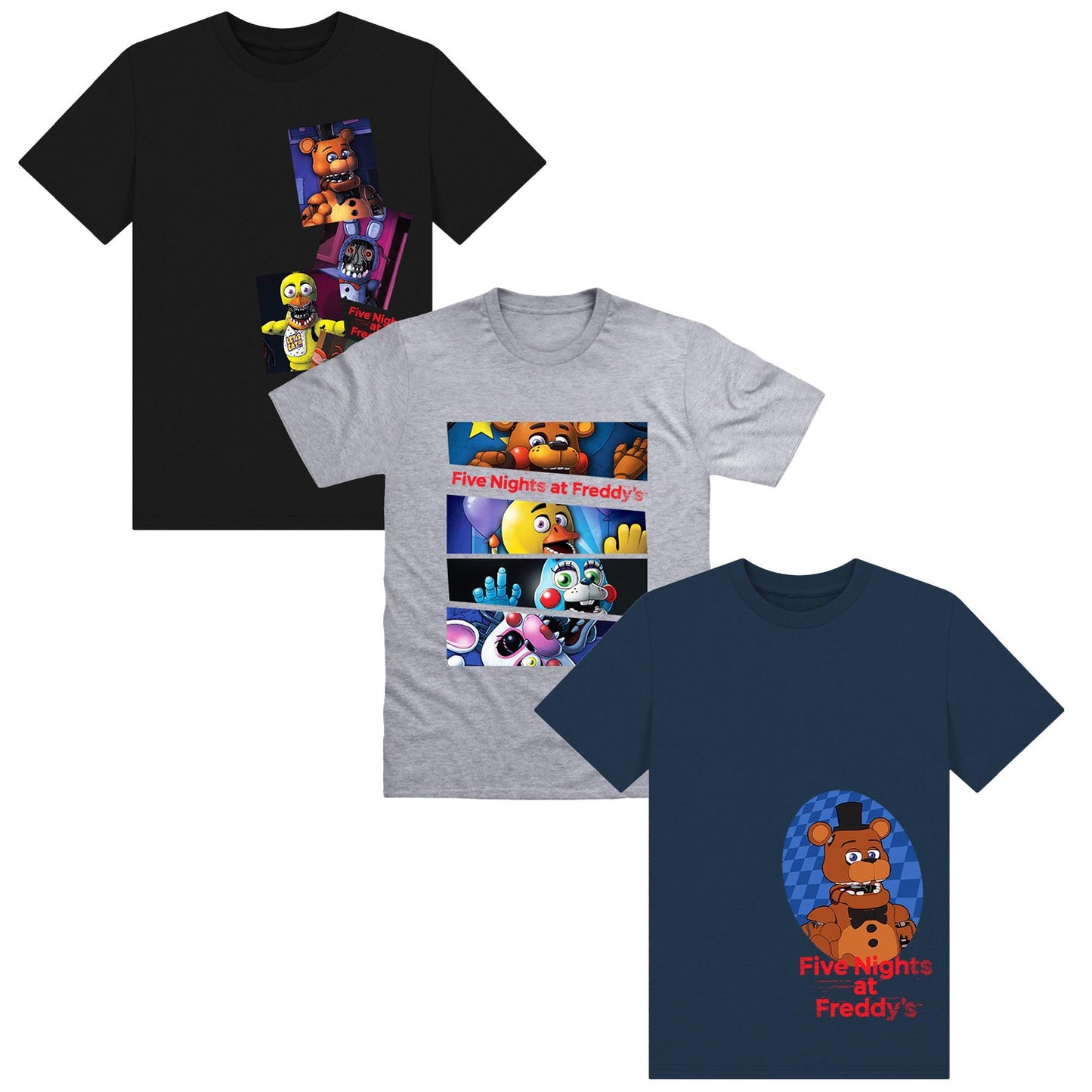 Blue-Grey-Black - Front - Five Nights At Freddys Childrens-Kids Collage T-Shirt (Pack of 3)