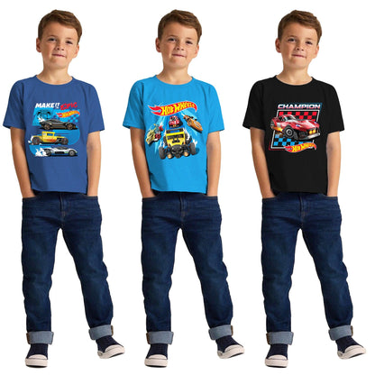 Black-Bright Blue-Navy Blue - Side - Hot Wheels Childrens-Kids Make It Epic Champion T-Shirt (Pack of 3)