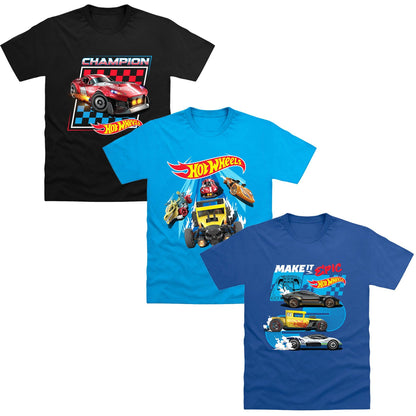 Black-Bright Blue-Navy Blue - Front - Hot Wheels Childrens-Kids Make It Epic Champion T-Shirt (Pack of 3)