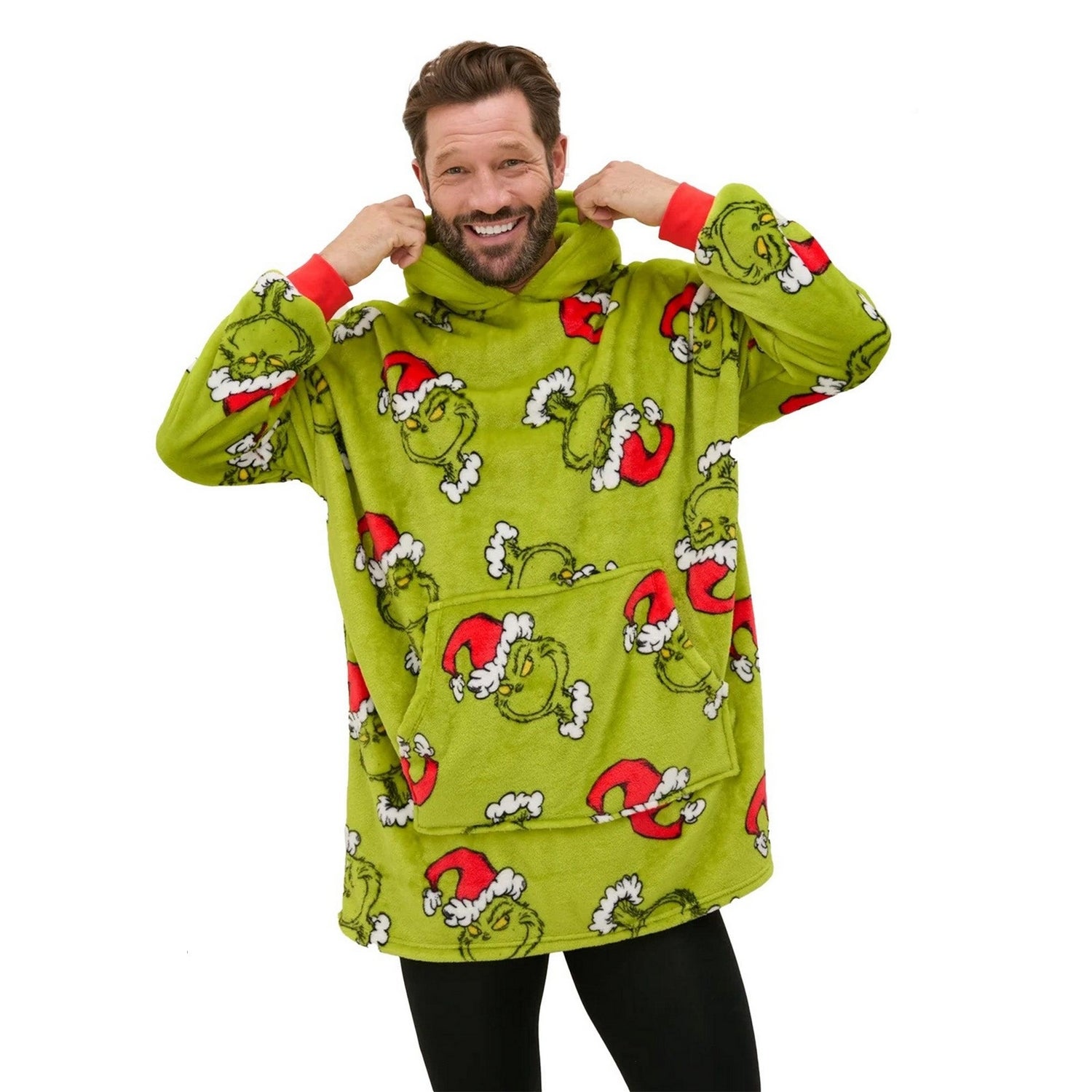 Green-Red - Side - The Grinch Unisex Adult Sherpa Fleece Oversized Christmas Hoodie Blanket