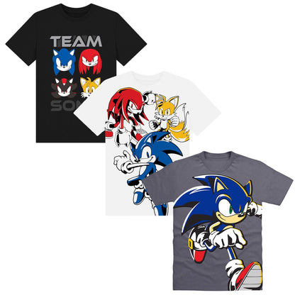 Grey-White-Black - Front - Sonic The Hedgehog Childrens-Kids Team Sonic Characters T-Shirt (Pack of 3)