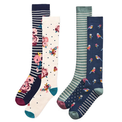 Multicoloured - Front - Ex Store Womens-Ladies Floral Stripes Socks (Pack of 4)