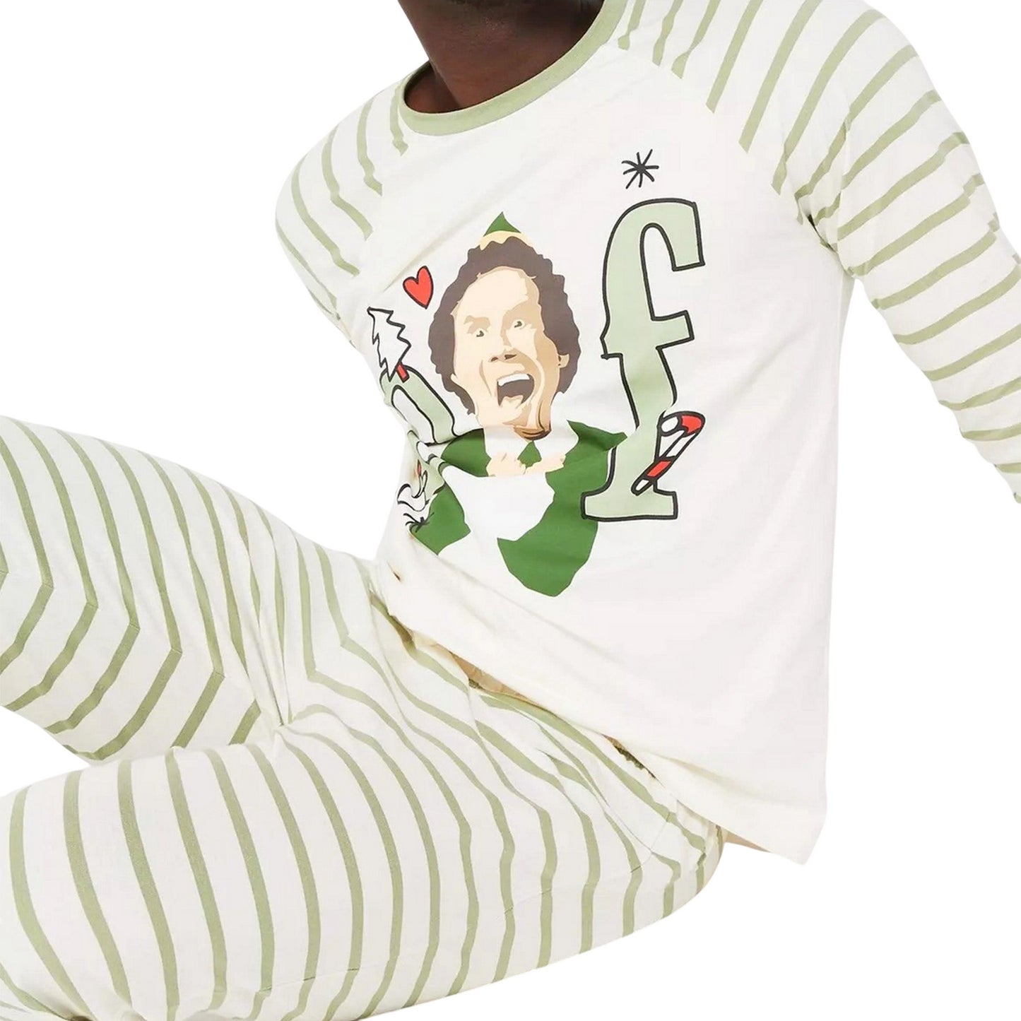 White-Green - Side - Elf Mens Striped Long-Sleeved Long Pyjama Set