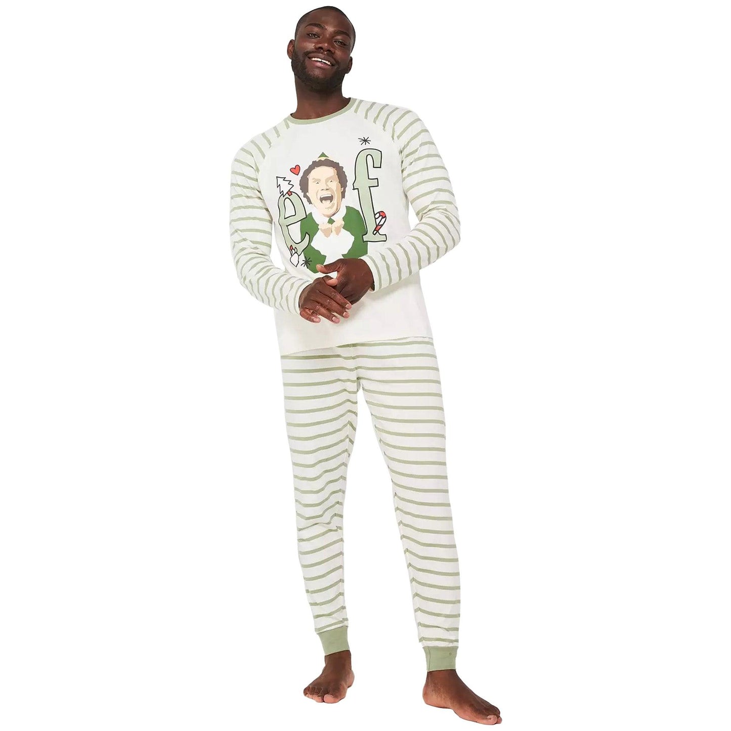 White-Green - Pack Shot - Elf Mens Striped Long-Sleeved Long Pyjama Set