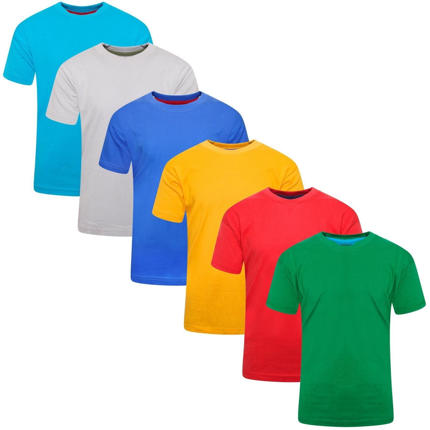Blue-Grey-Yellow-Red-Green-Dark Blue - Front - Keanu Boys Plain T-Shirt (Pack of 6)