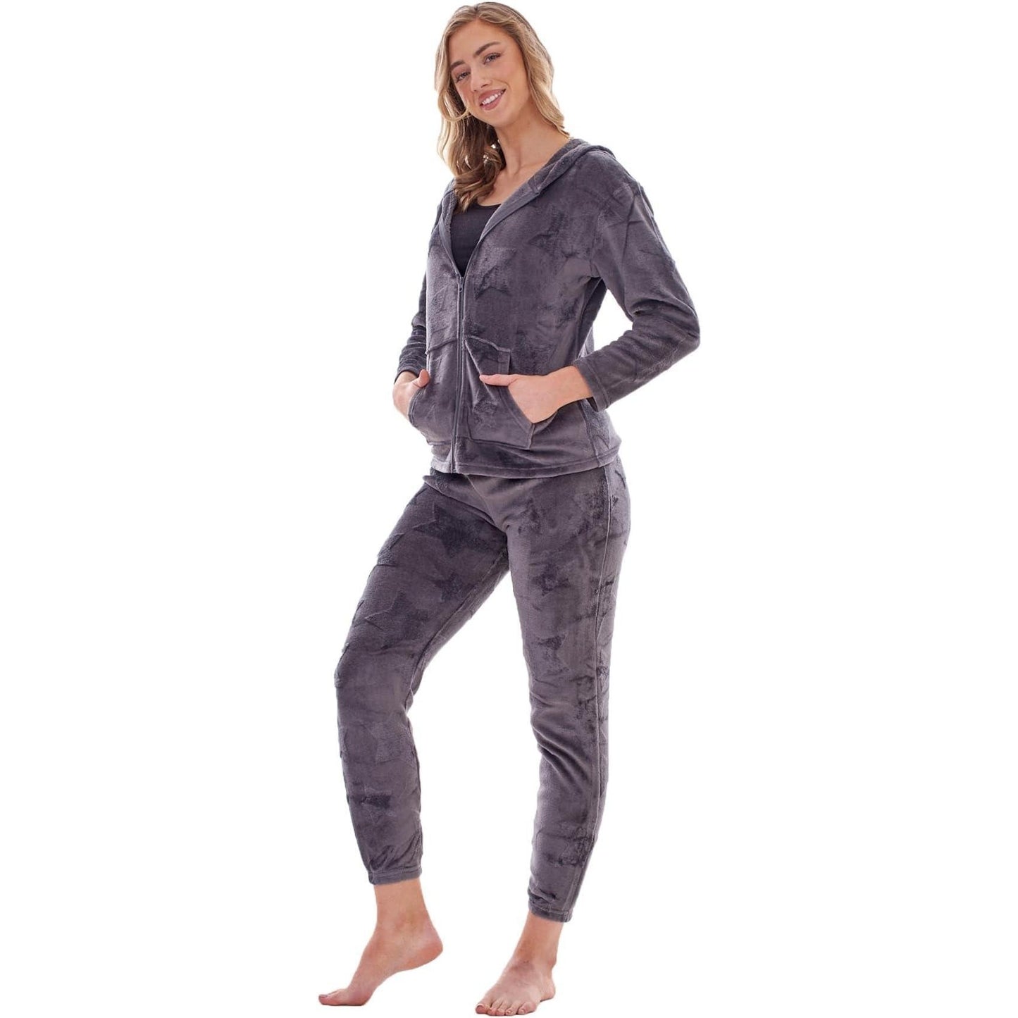 Charcoal - Side - Keanu Womens-Ladies Star Fleece Long Pyjama Set
