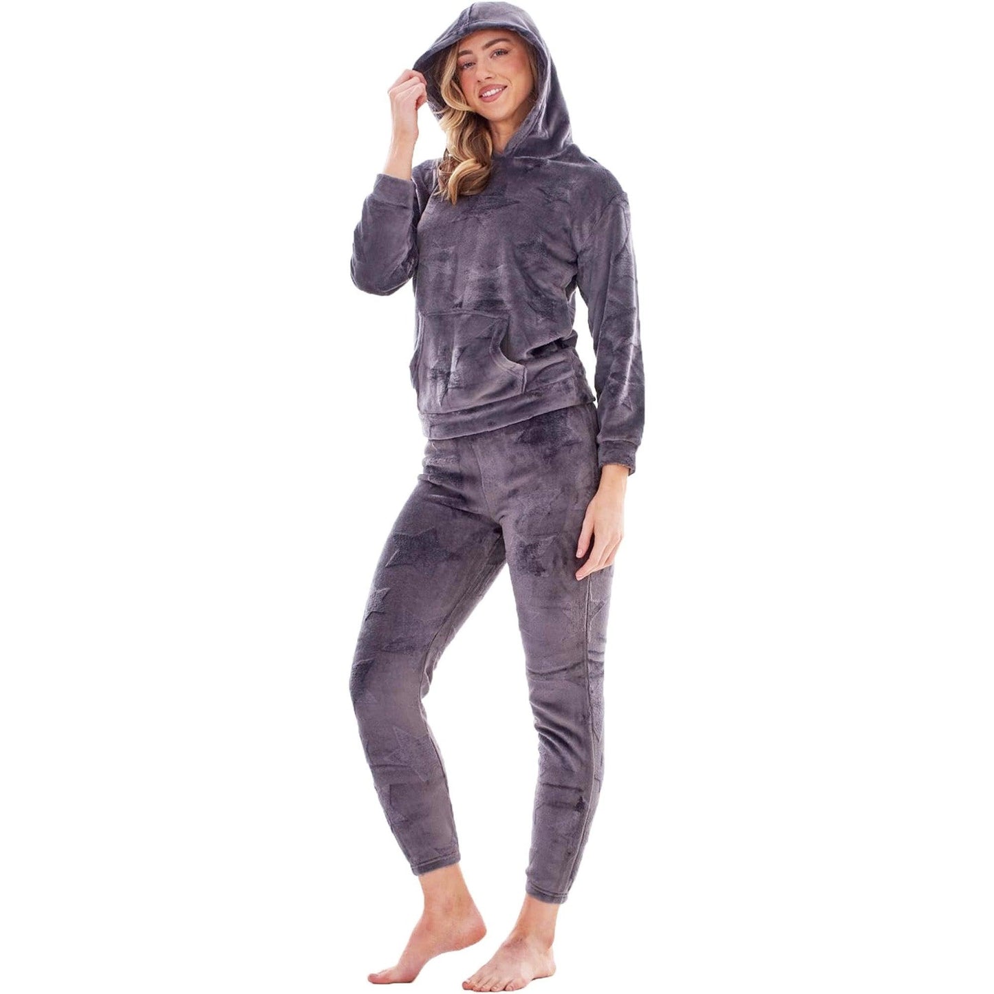 Charcoal - Front - Keanu Womens-Ladies Star Fleece Long Pyjama Set