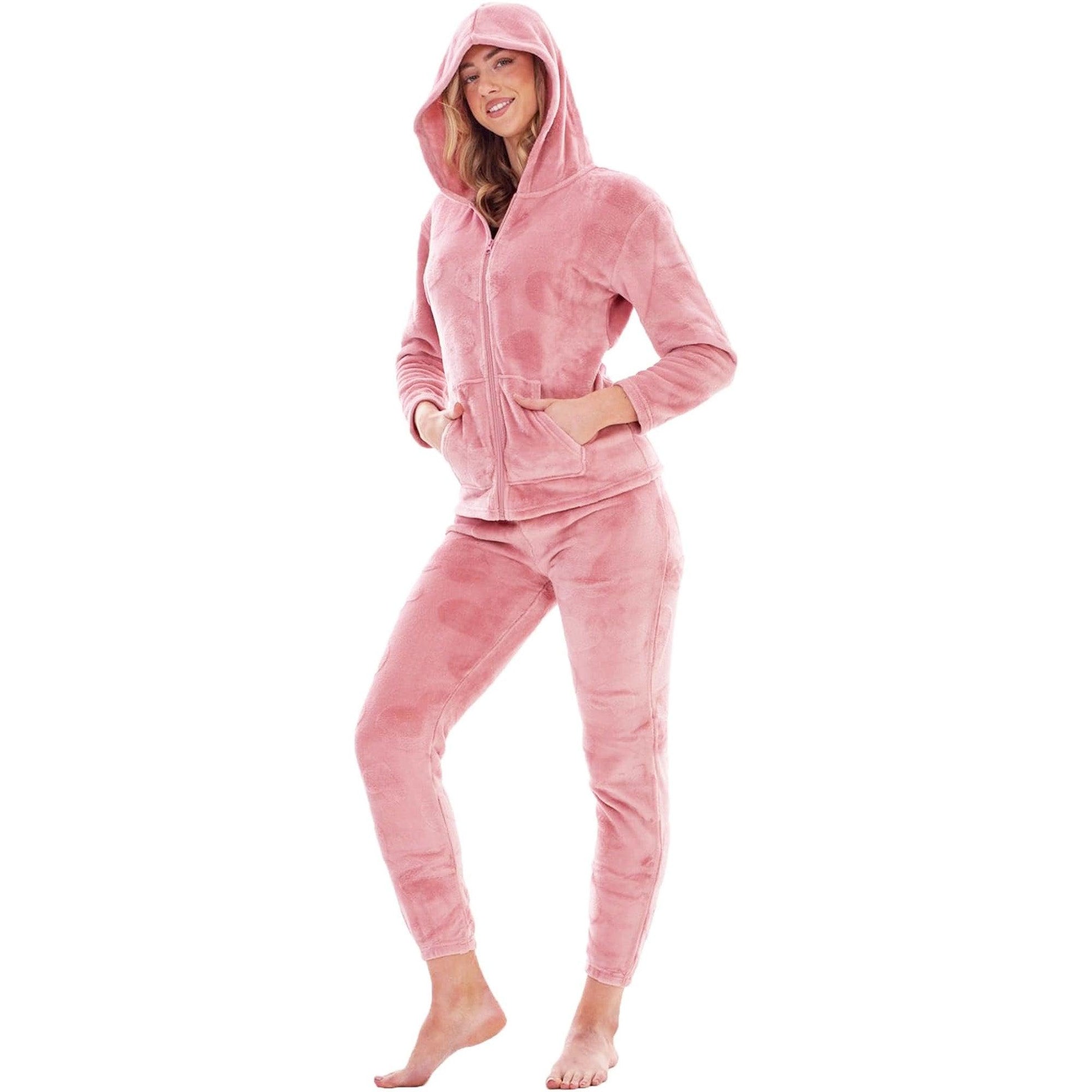 Pink - Side - Keanu Womens-Ladies Heart Fleece Embossed Long Pyjama Set
