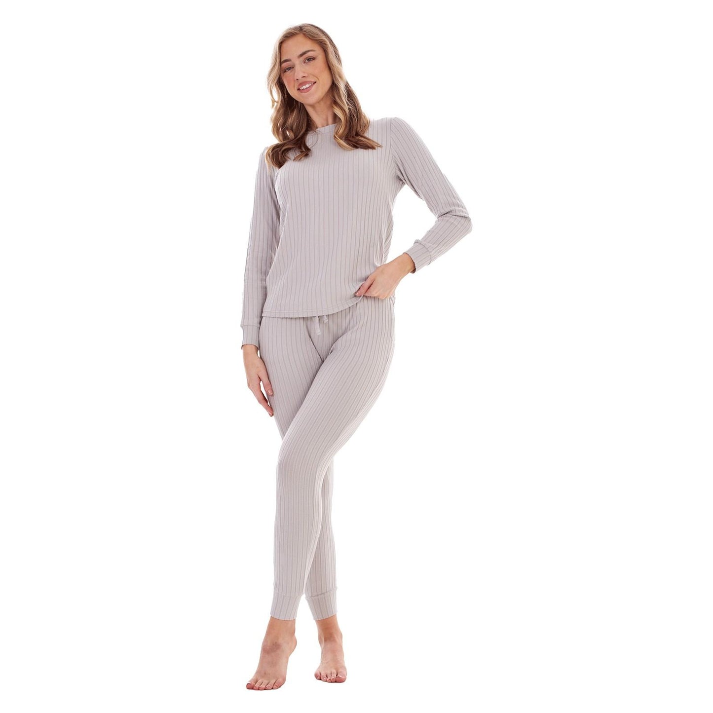 Grey - Front - Keanu Womens-Ladies Ribbed Long Pyjama Set