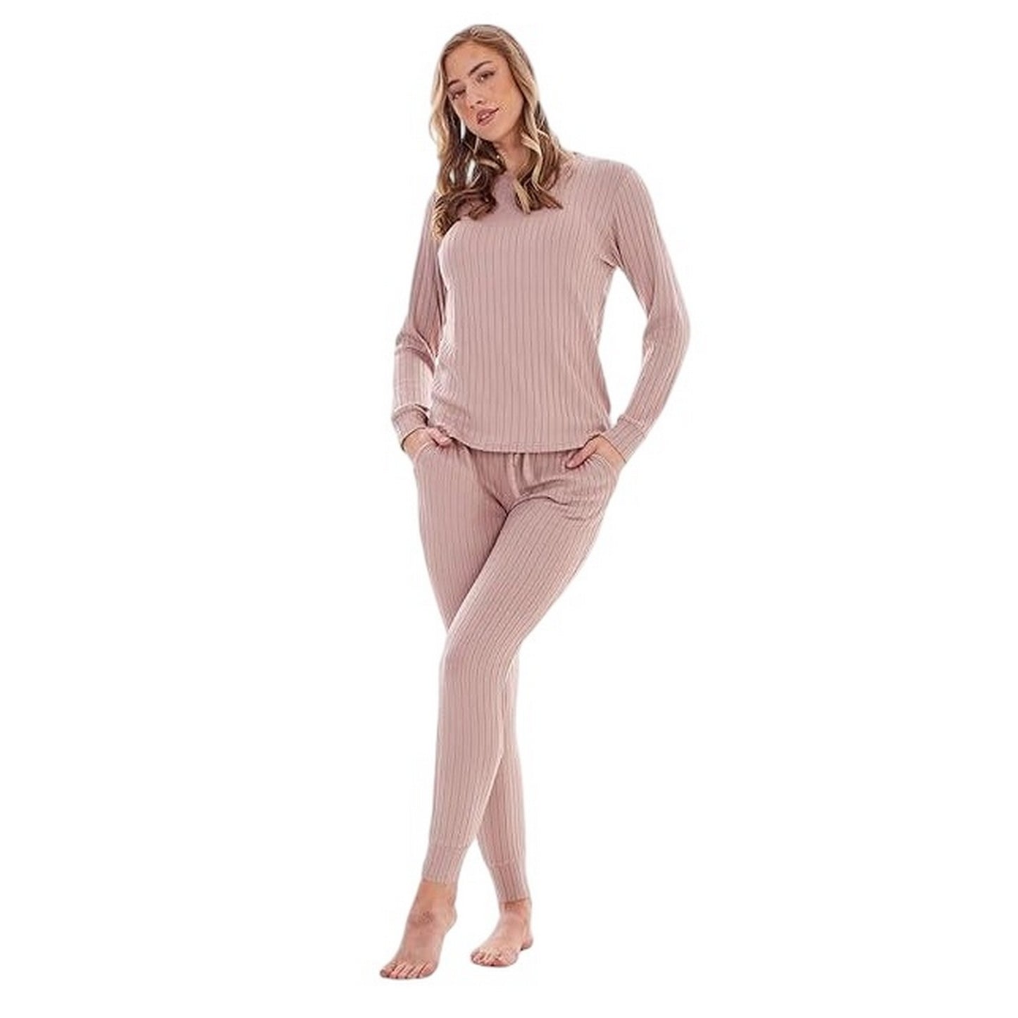 Taupe - Front - Keanu Womens-Ladies Ribbed Long Pyjama Set