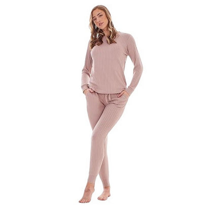 Taupe - Front - Keanu Womens-Ladies Ribbed Long Pyjama Set