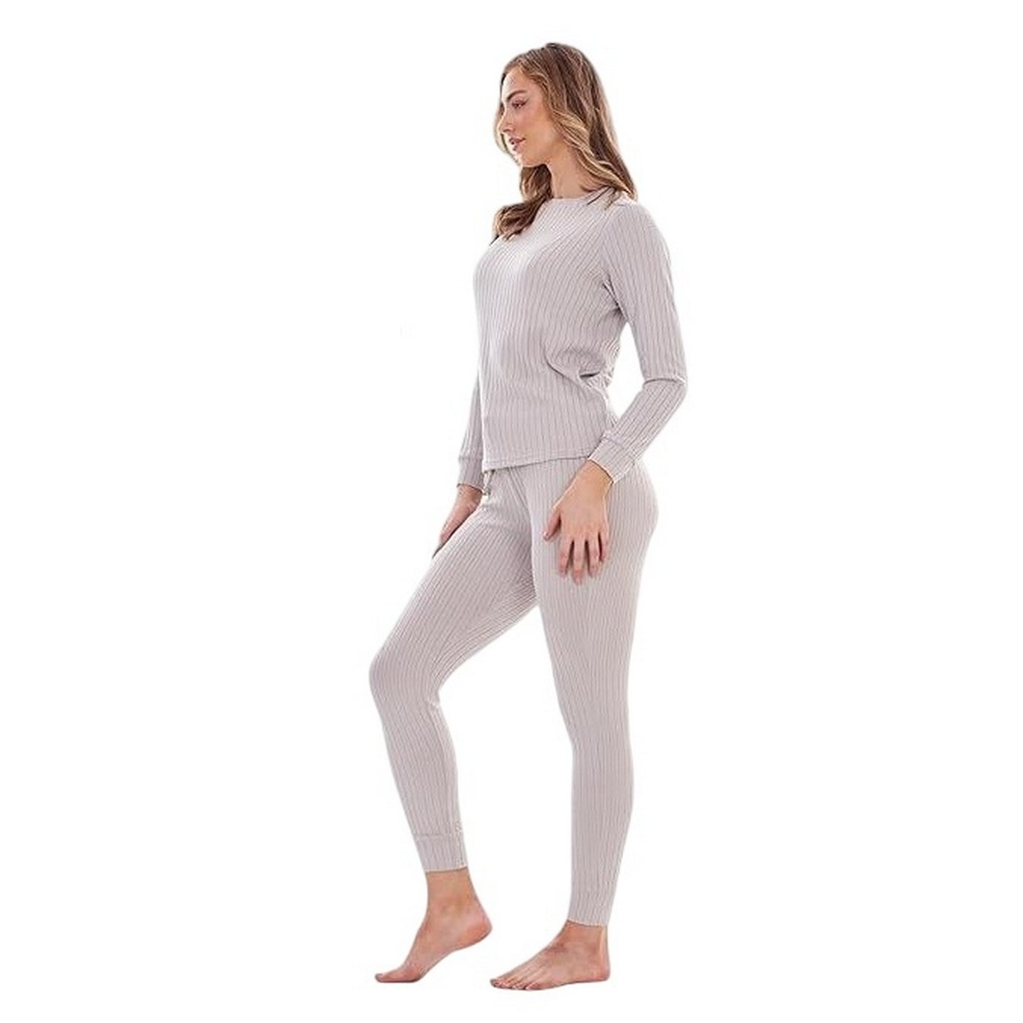 Grey - Back - Keanu Womens-Ladies Ribbed Long Pyjama Set