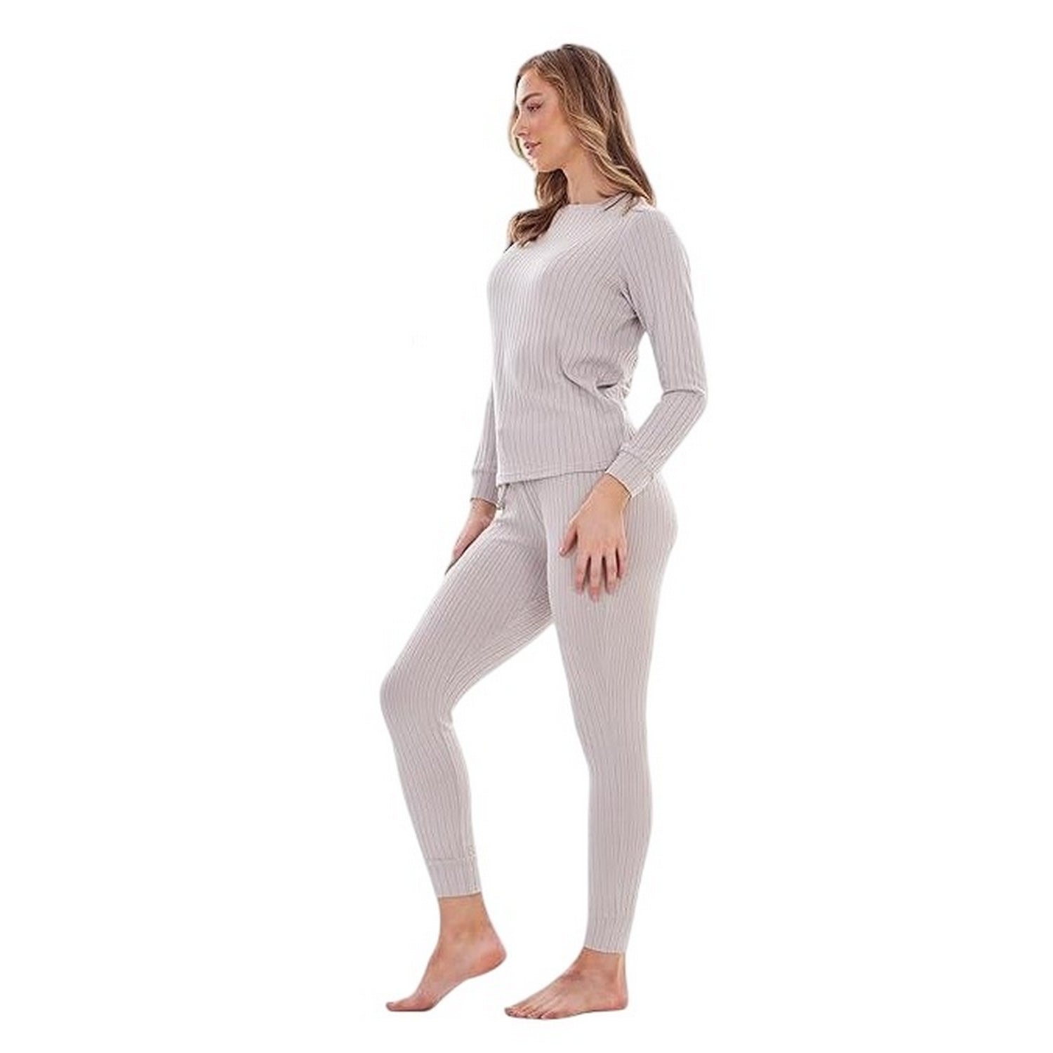 Grey - Back - Keanu Womens-Ladies Ribbed Long Pyjama Set