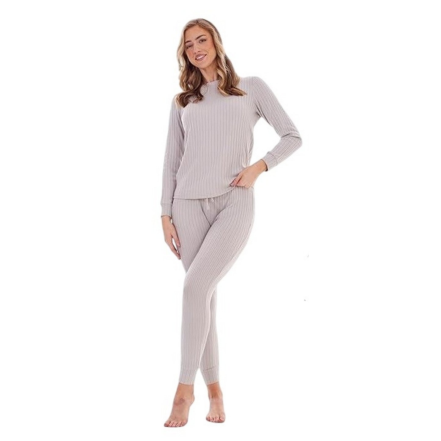 Grey - Side - Keanu Womens-Ladies Ribbed Long Pyjama Set