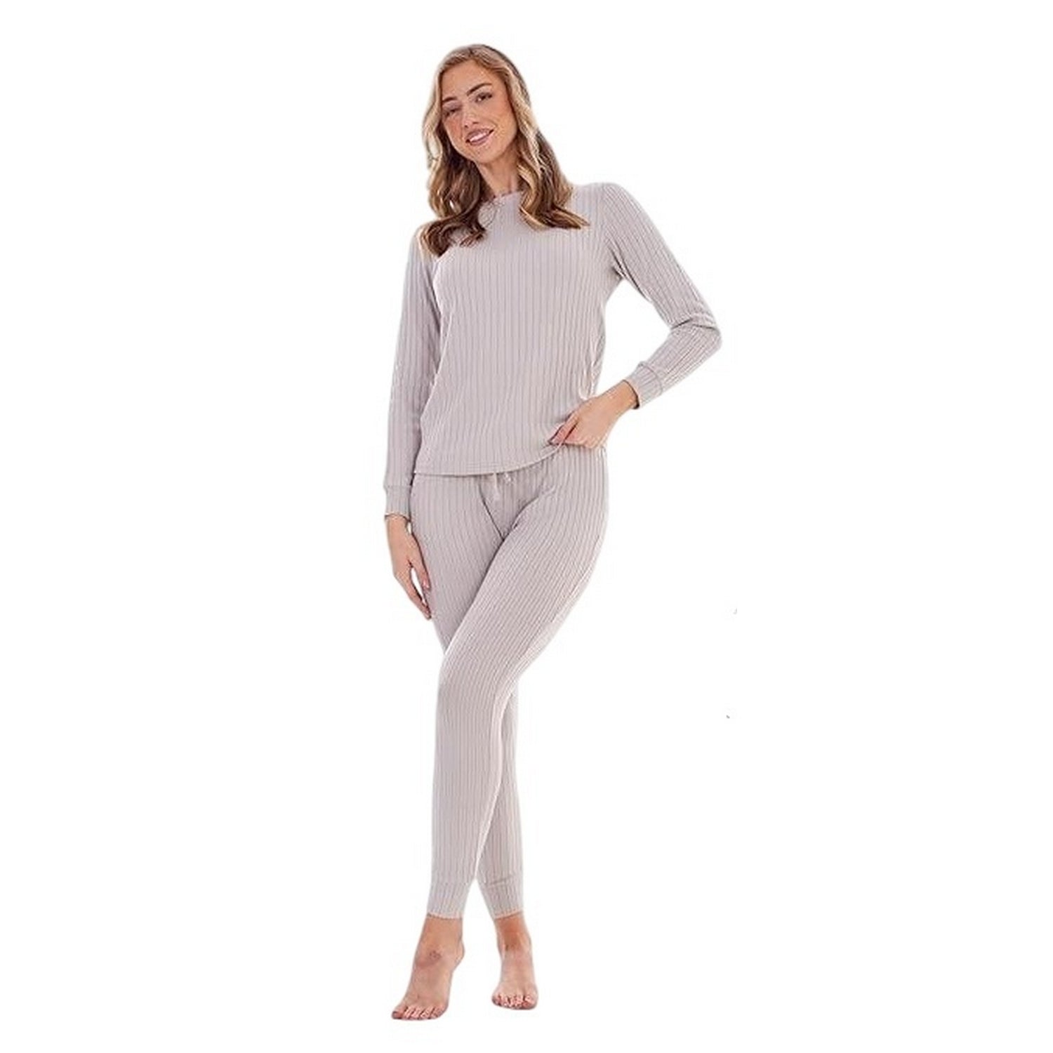 Grey - Side - Keanu Womens-Ladies Ribbed Long Pyjama Set