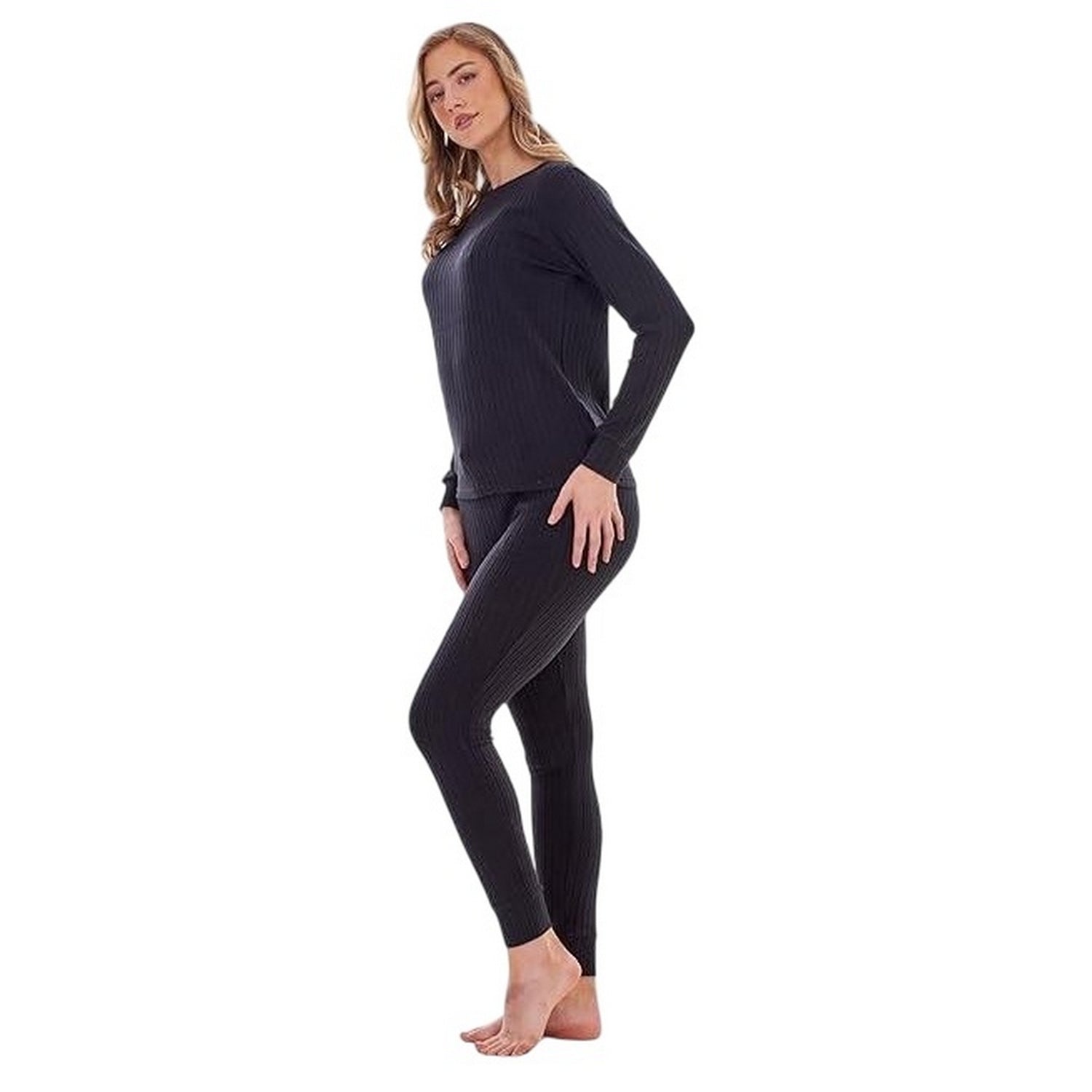 Black - Back - Keanu Womens-Ladies Ribbed Long Pyjama Set