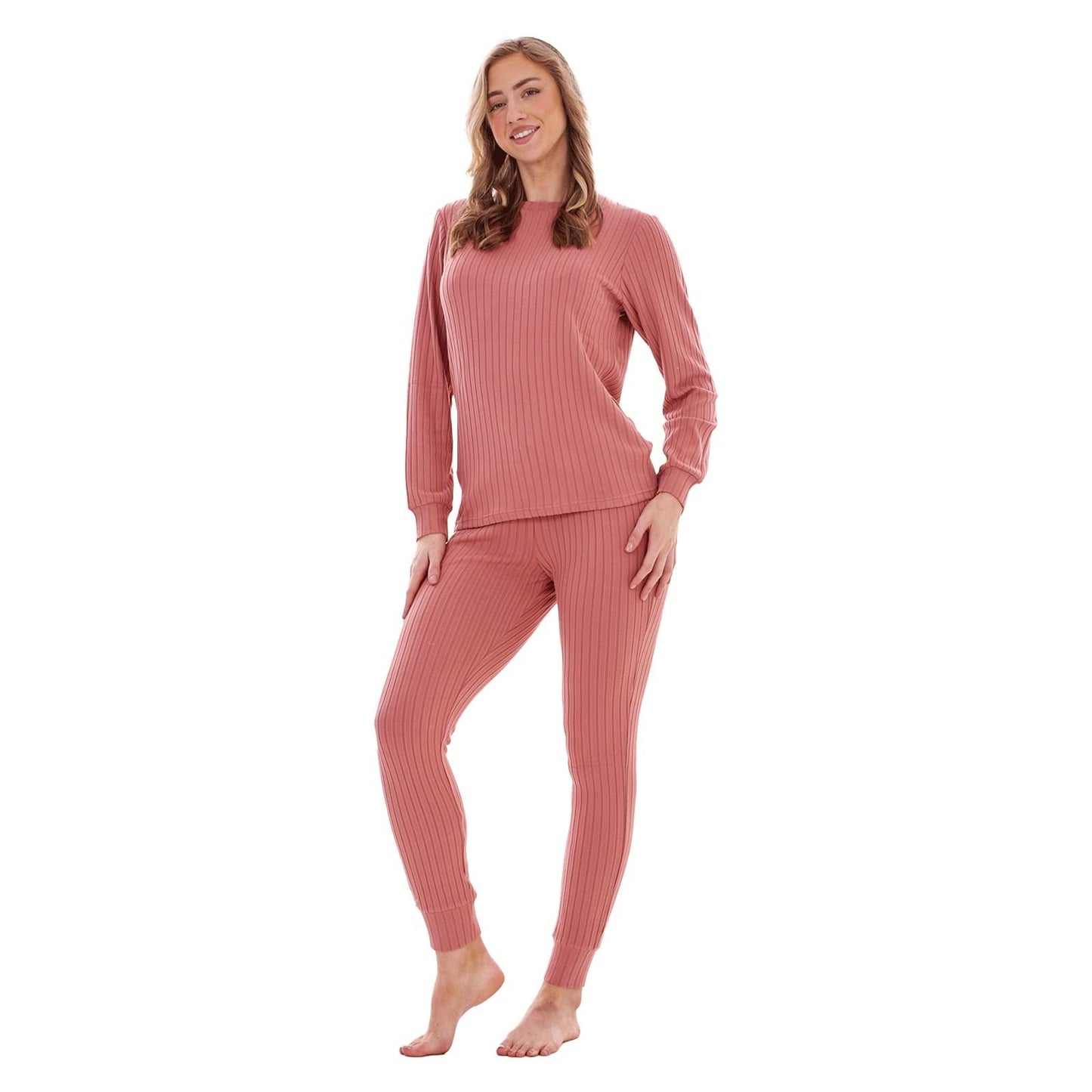 Dusky Pink - Front - Keanu Womens-Ladies Ribbed Long Pyjama Set