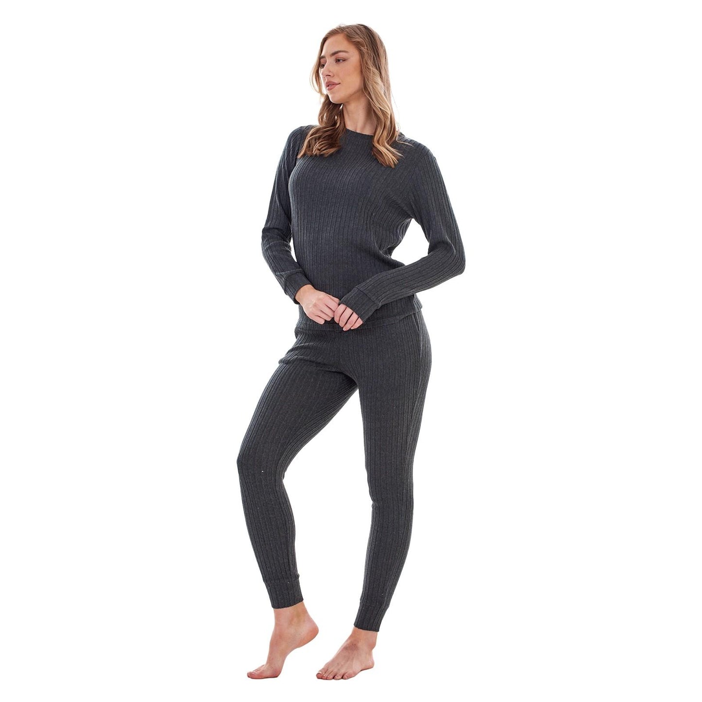 Dark Grey Marl - Front - Keanu Womens-Ladies Ribbed Long Pyjama Set