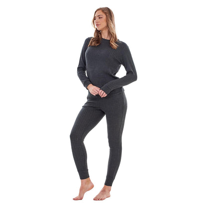 Dark Grey Marl - Front - Keanu Womens-Ladies Ribbed Long Pyjama Set