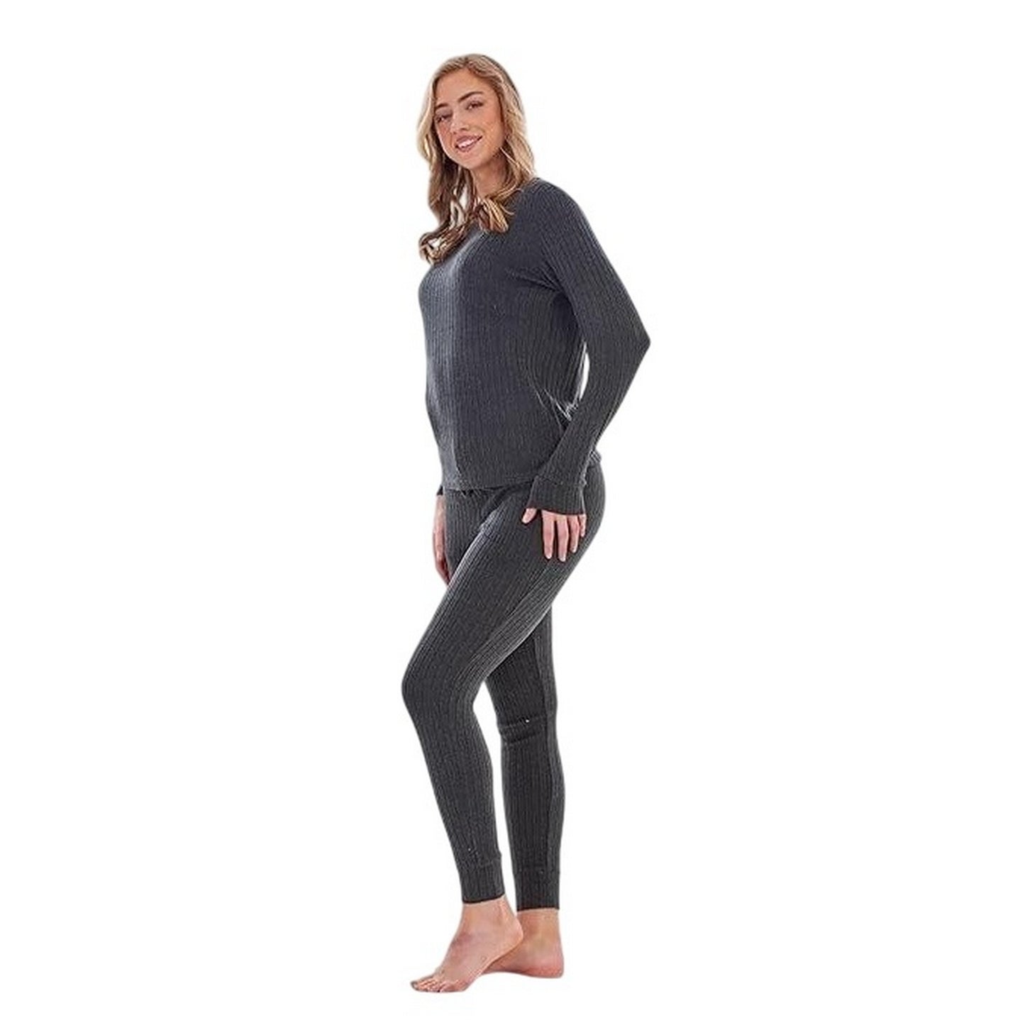 Dark Grey Marl - Back - Keanu Womens-Ladies Ribbed Long Pyjama Set