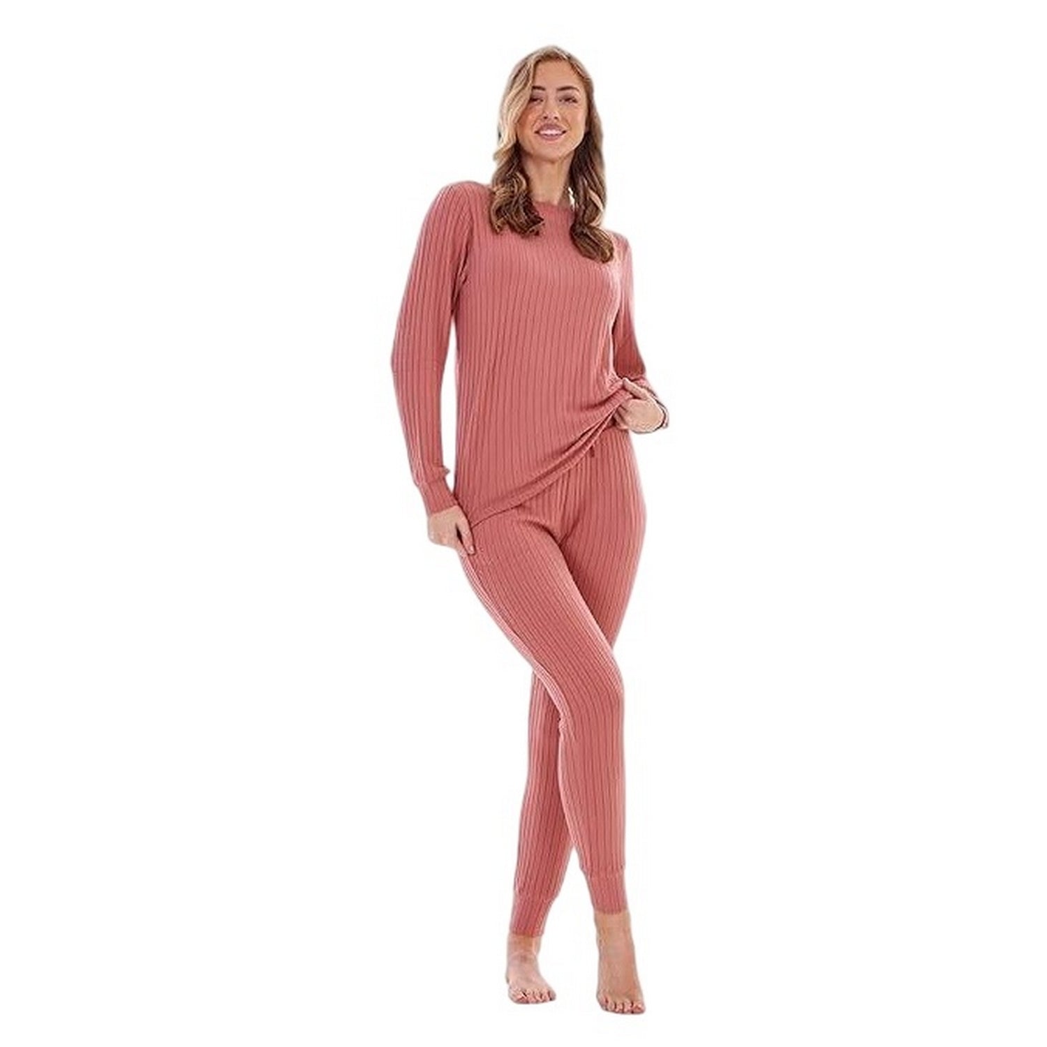 Dusky Pink - Side - Keanu Womens-Ladies Ribbed Long Pyjama Set
