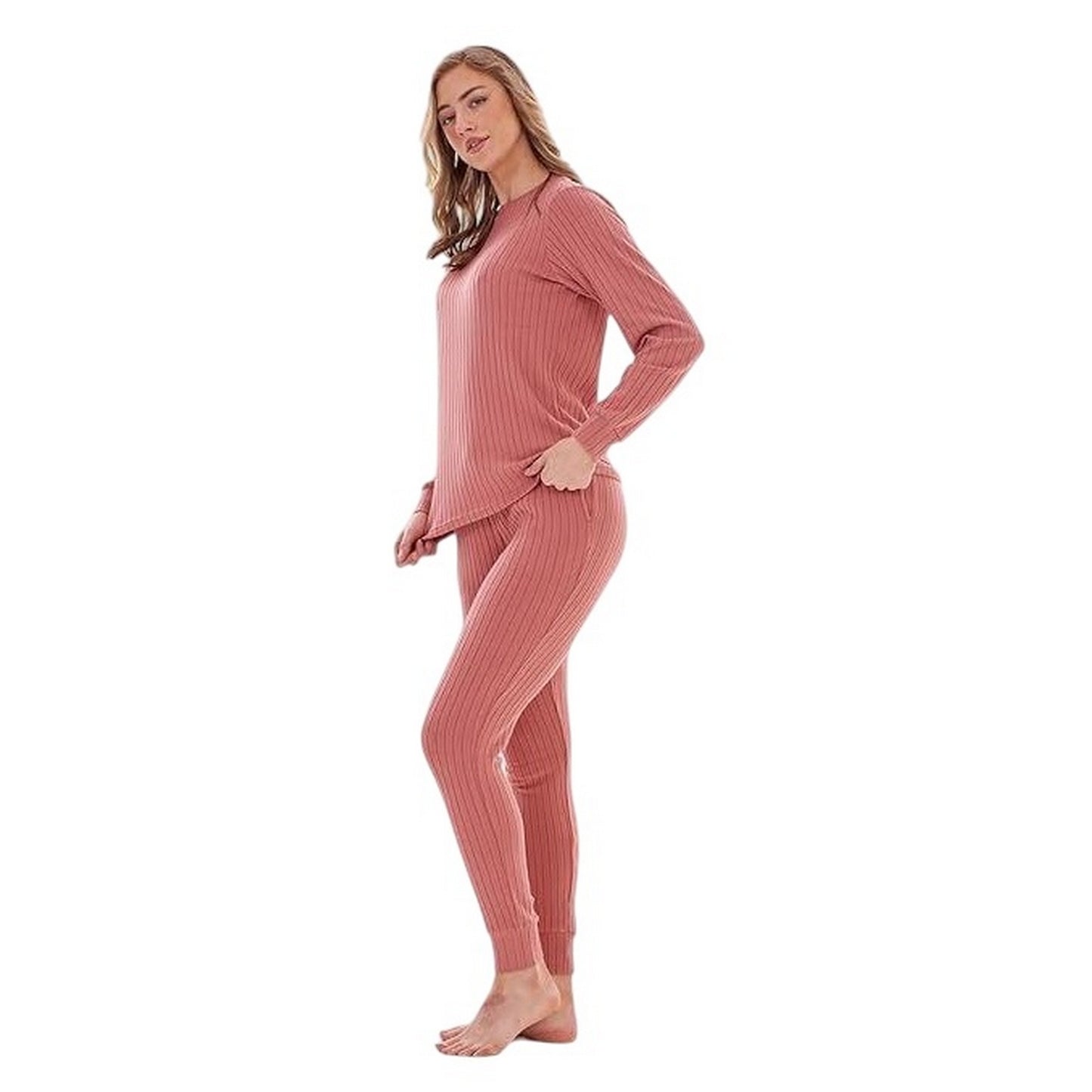 Dusky Pink - Back - Keanu Womens-Ladies Ribbed Long Pyjama Set