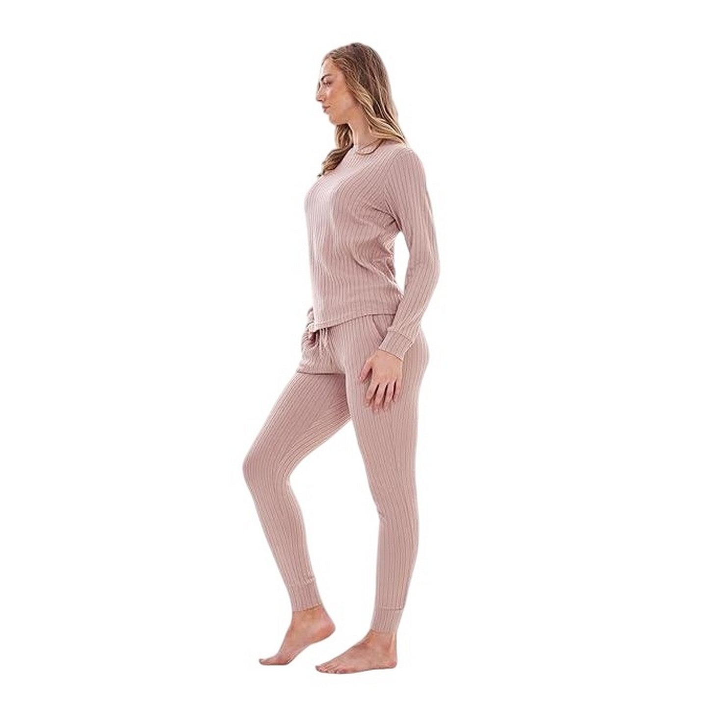 Taupe - Back - Keanu Womens-Ladies Ribbed Long Pyjama Set