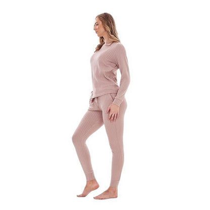 Taupe - Back - Keanu Womens-Ladies Ribbed Long Pyjama Set