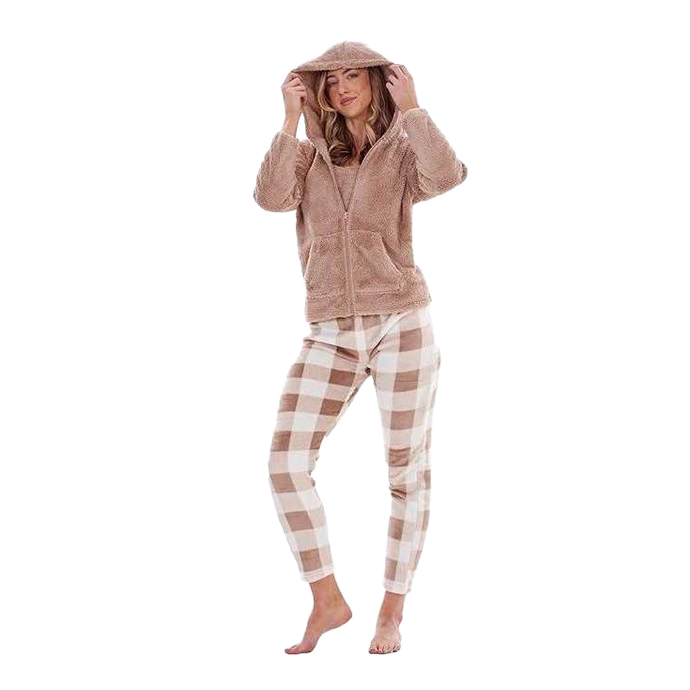 Taupe - Front - Keanu Womens-Ladies Checked Fleece Long Pyjama Set