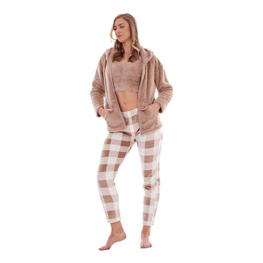 Taupe - Back - Keanu Womens-Ladies Checked Fleece Long Pyjama Set