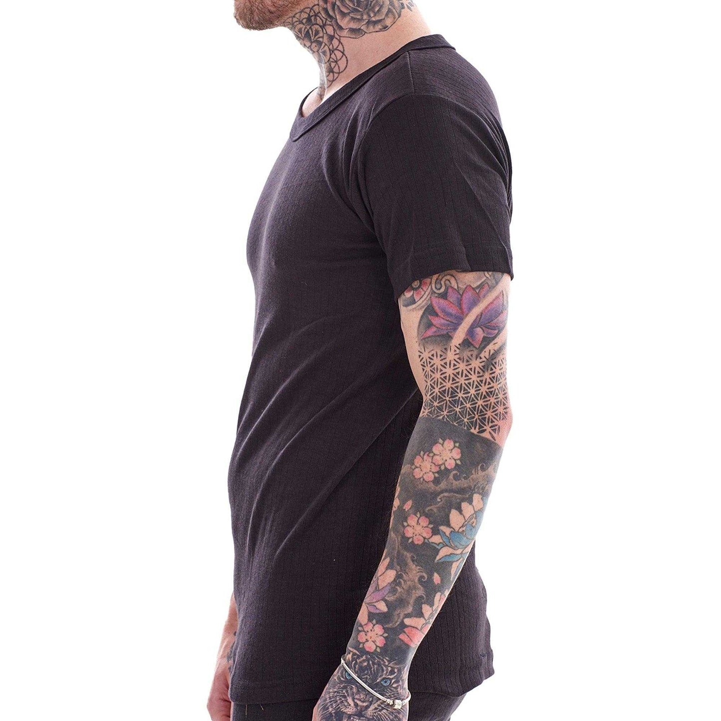 Black - Side - Heatforce Mens Thermal V Neck Short-Sleeved Base Layer Top (Pack of 3)