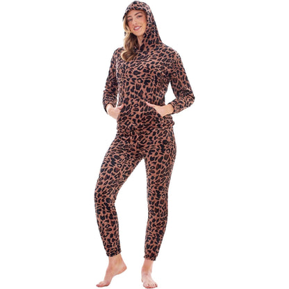 Brown - Side - Keanu Womens-Ladies Leopard Print Fleece Long Pyjama Set