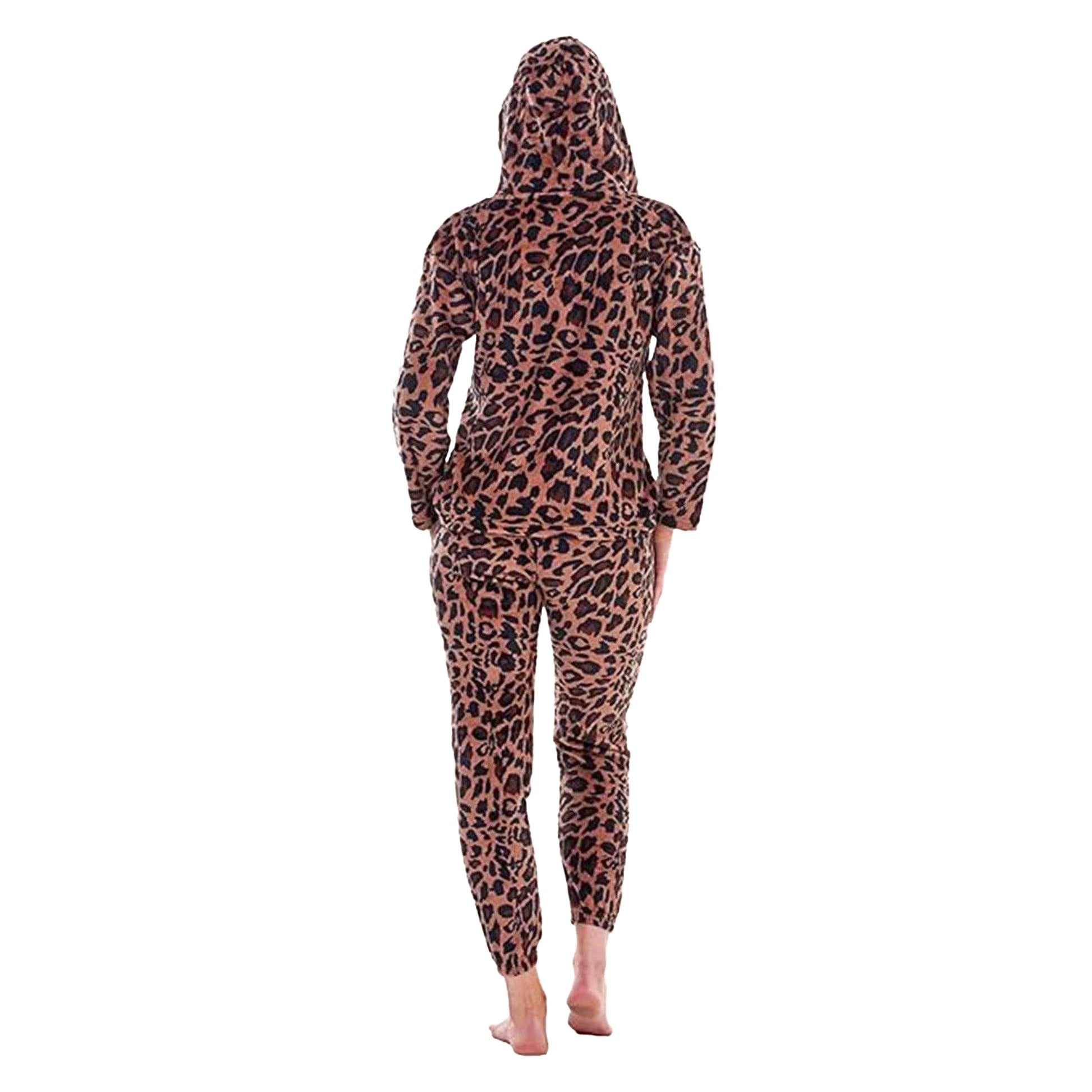 Brown - Back - Keanu Womens-Ladies Leopard Print Fleece Long Pyjama Set