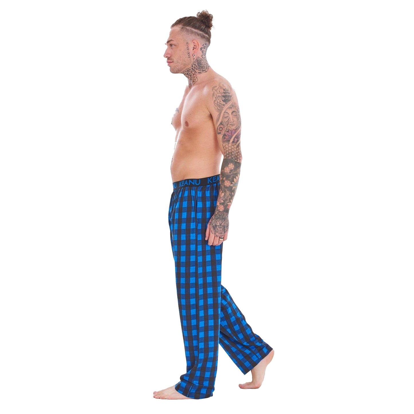 Black-Blue - Side - Keanu Mens Buffalo Check Lounge Pants (Pack of 2)