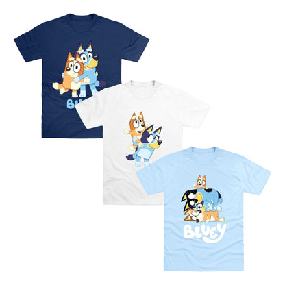 Light Blue-Navy Blue-White - Front - Bluey Childrens-Kids Bluey & Bingo T-Shirt (Pack of 3)
