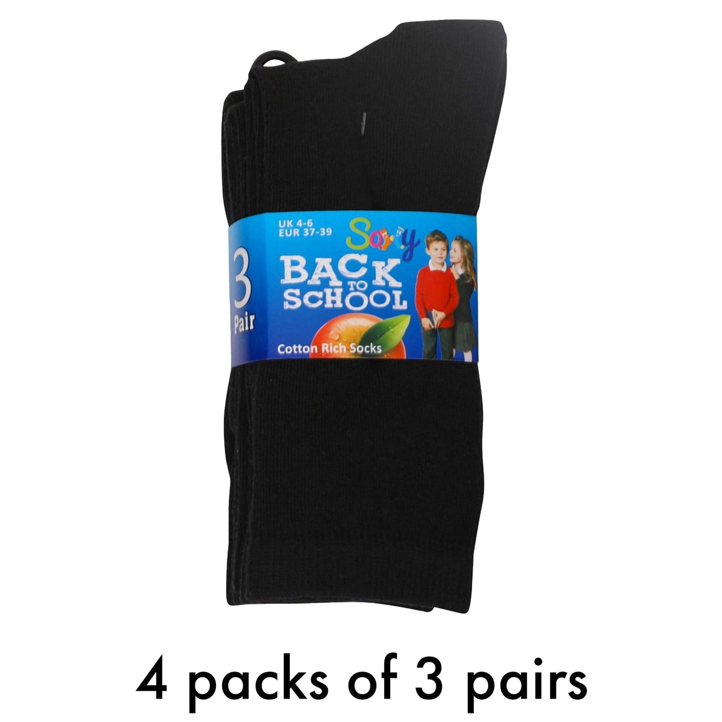 Black - Side - Soxy Childrens-Kids Cotton Socks (Pack of 12)