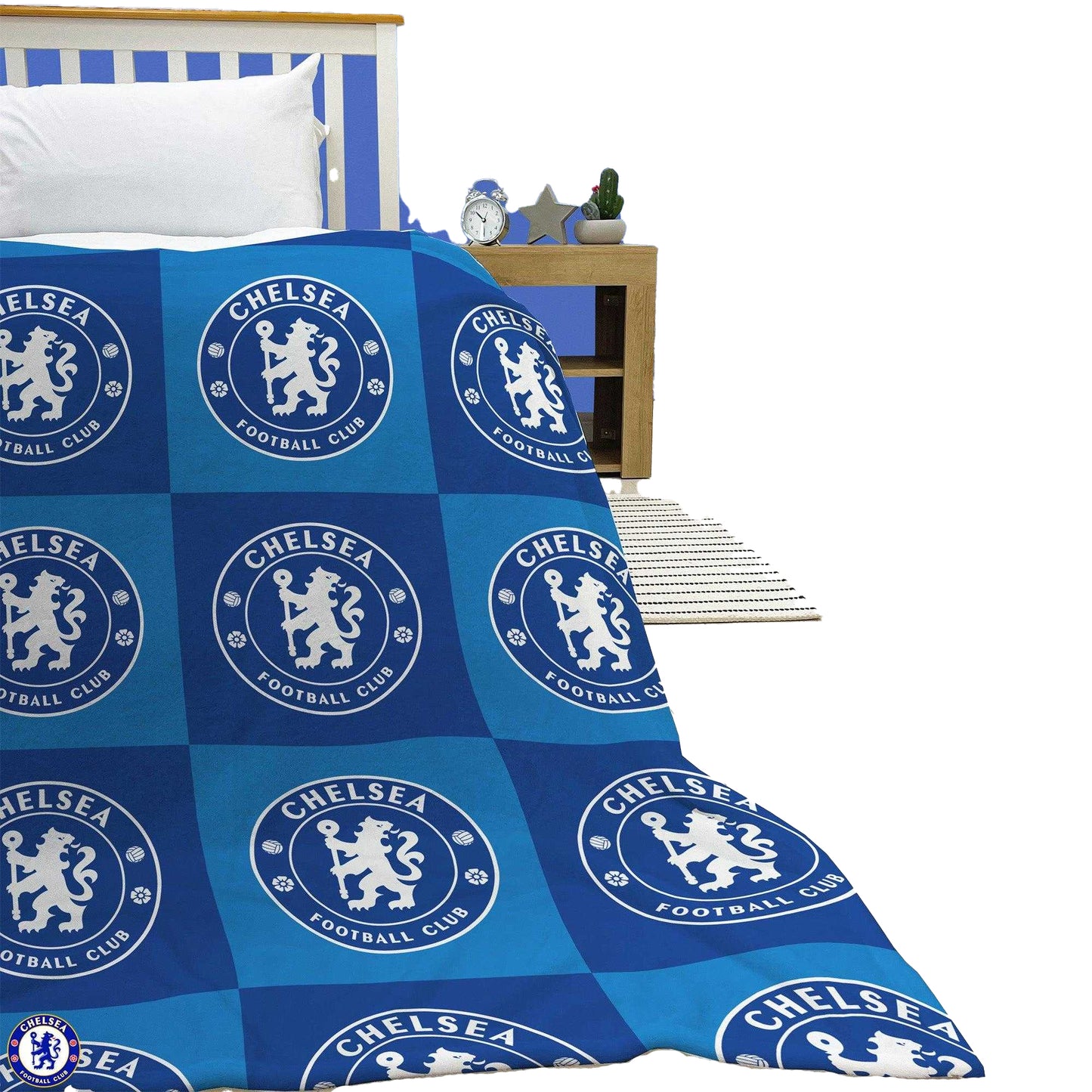 Blue-White - Side - Chelsea FC Polyester Checkered Fleece Blanket