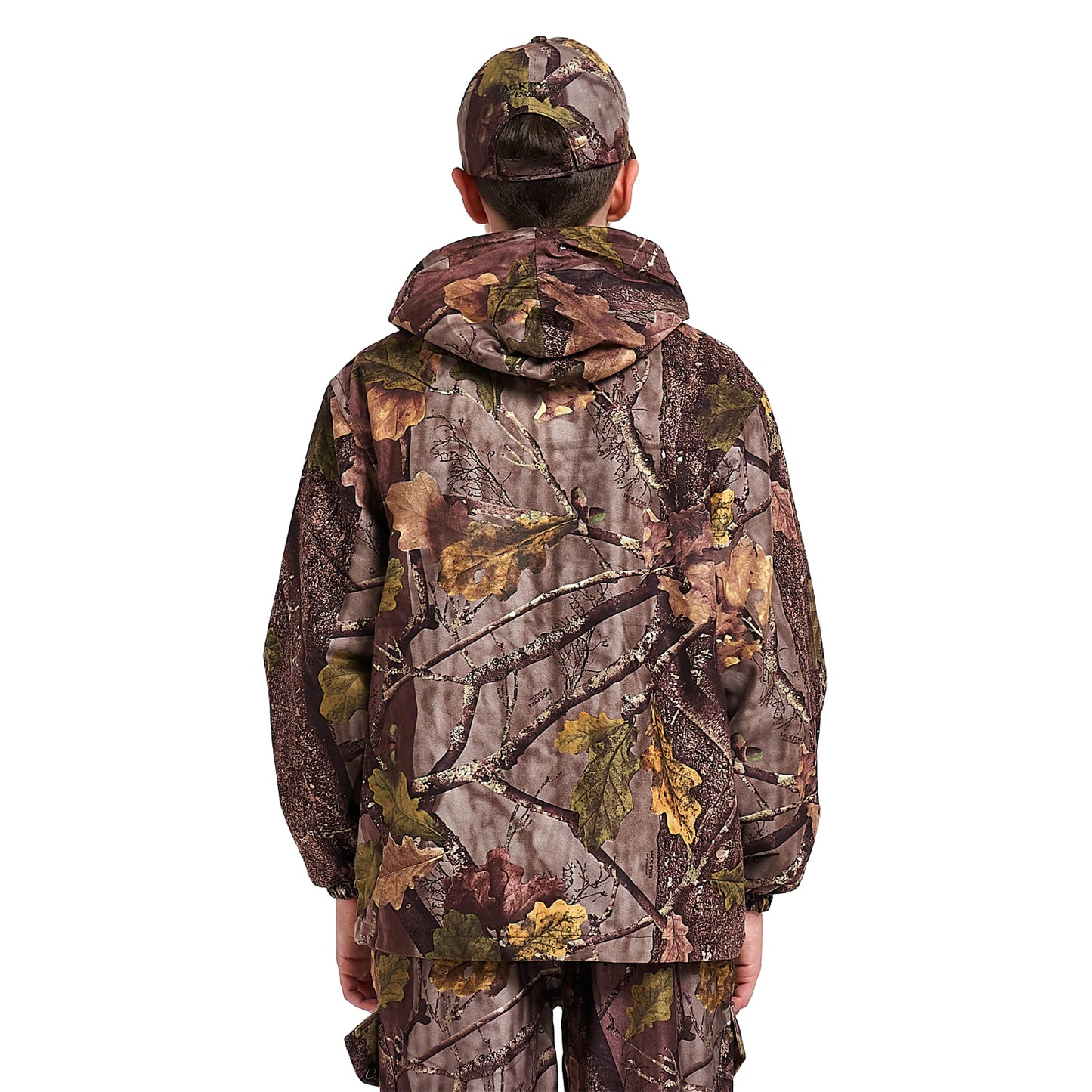 Brown-Green - Back - Jack Pyke Childrens-Kids Oak Leaf Camo Waterproof Jacket