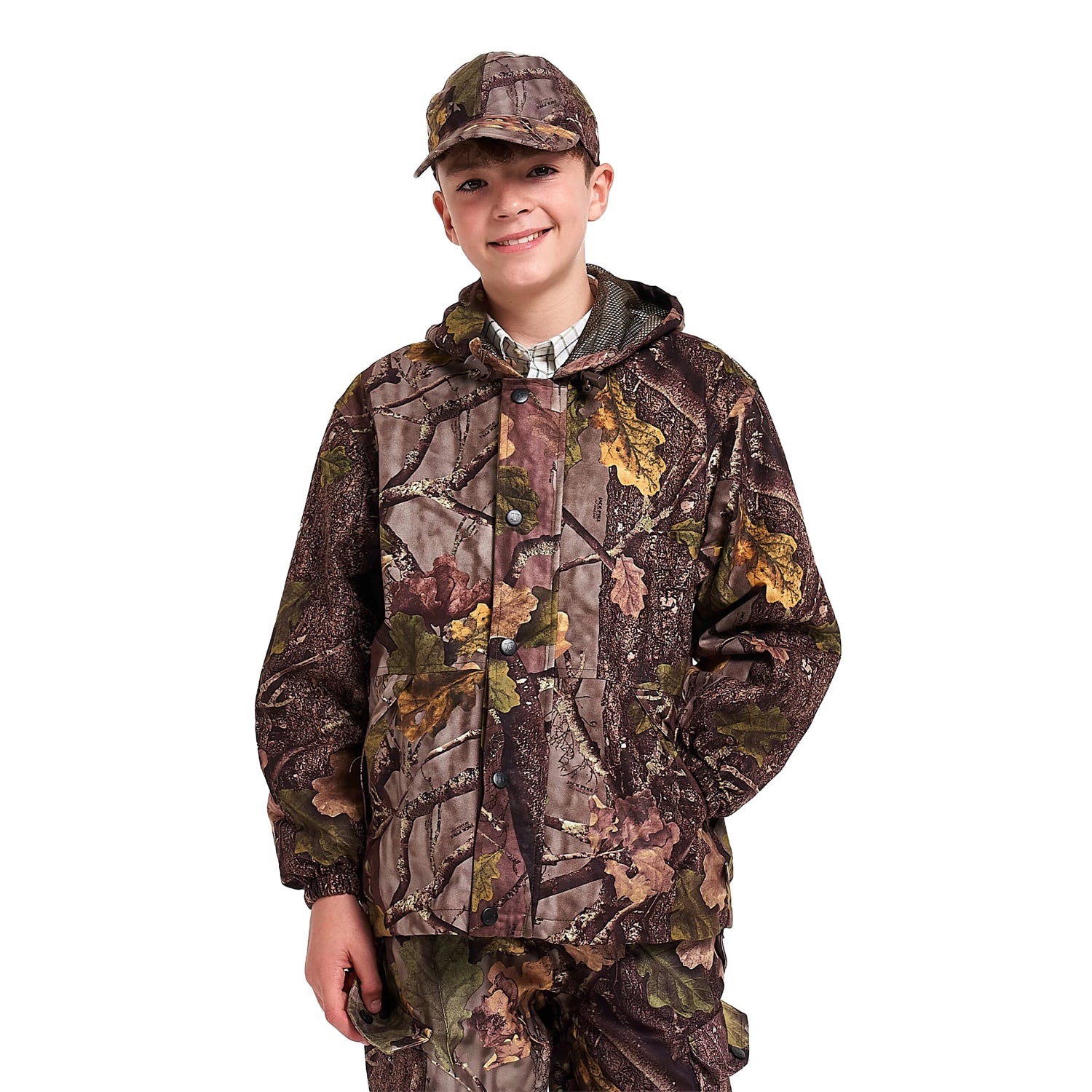 Brown-Green - Side - Jack Pyke Childrens-Kids Oak Leaf Camo Waterproof Jacket