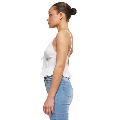 White - Lifestyle - Urban Classics Womens-Ladies Ruffled Waffle Pique Top