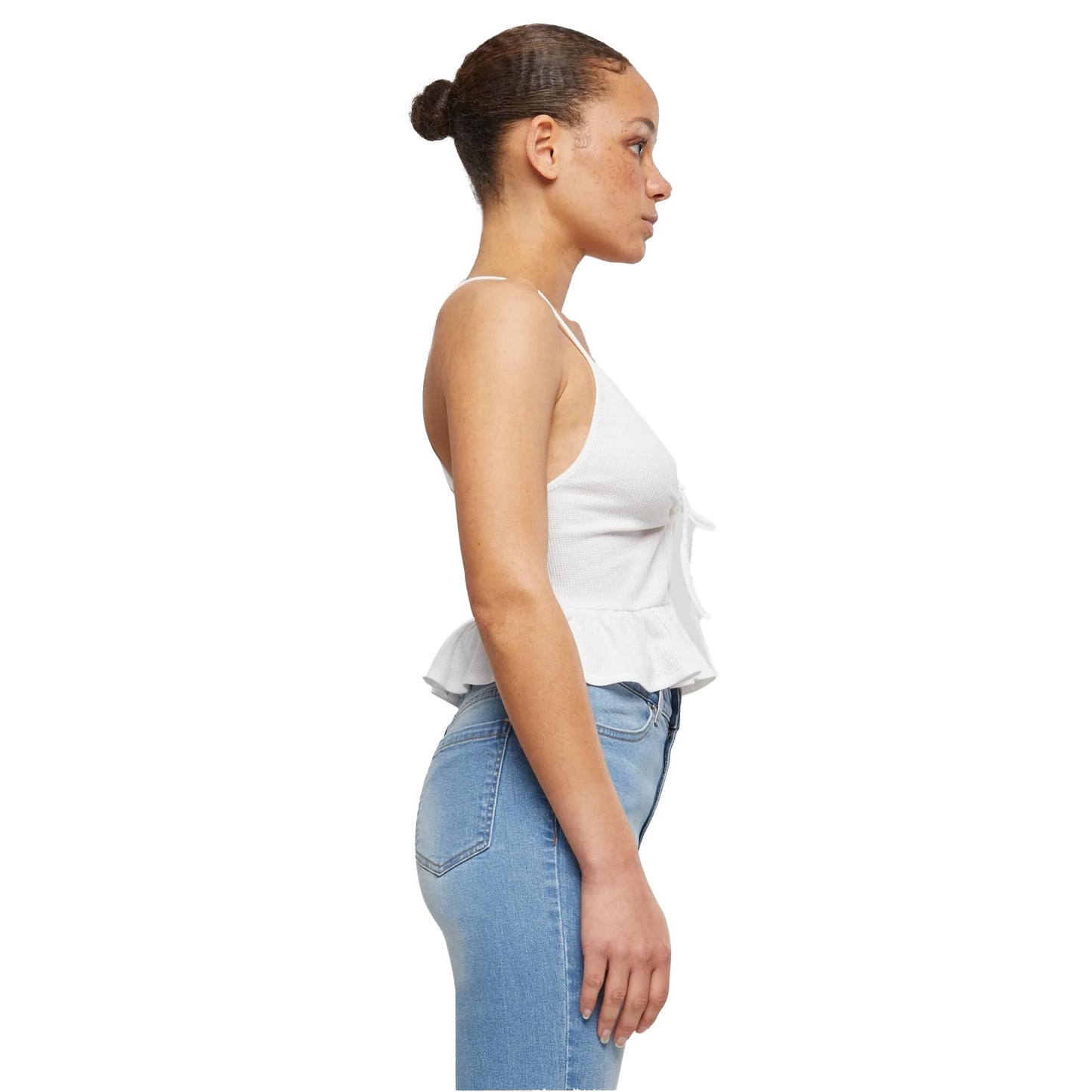 White - Side - Urban Classics Womens-Ladies Ruffled Waffle Pique Top