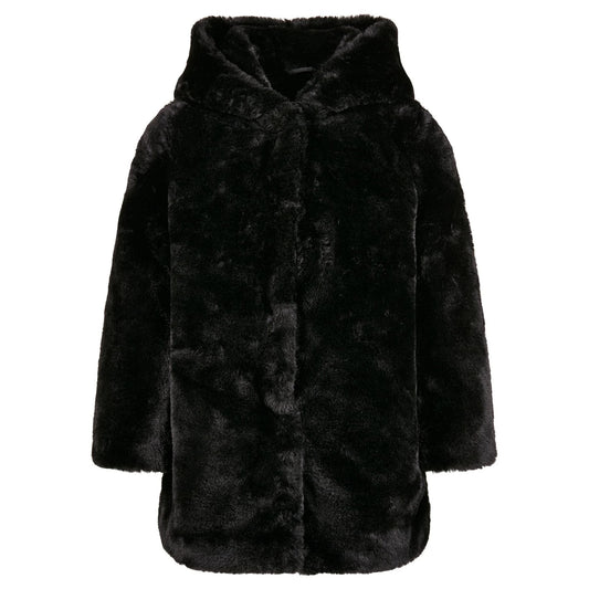 Black - Front - Urban Classics Girls Teddy Fleece Hooded Coat