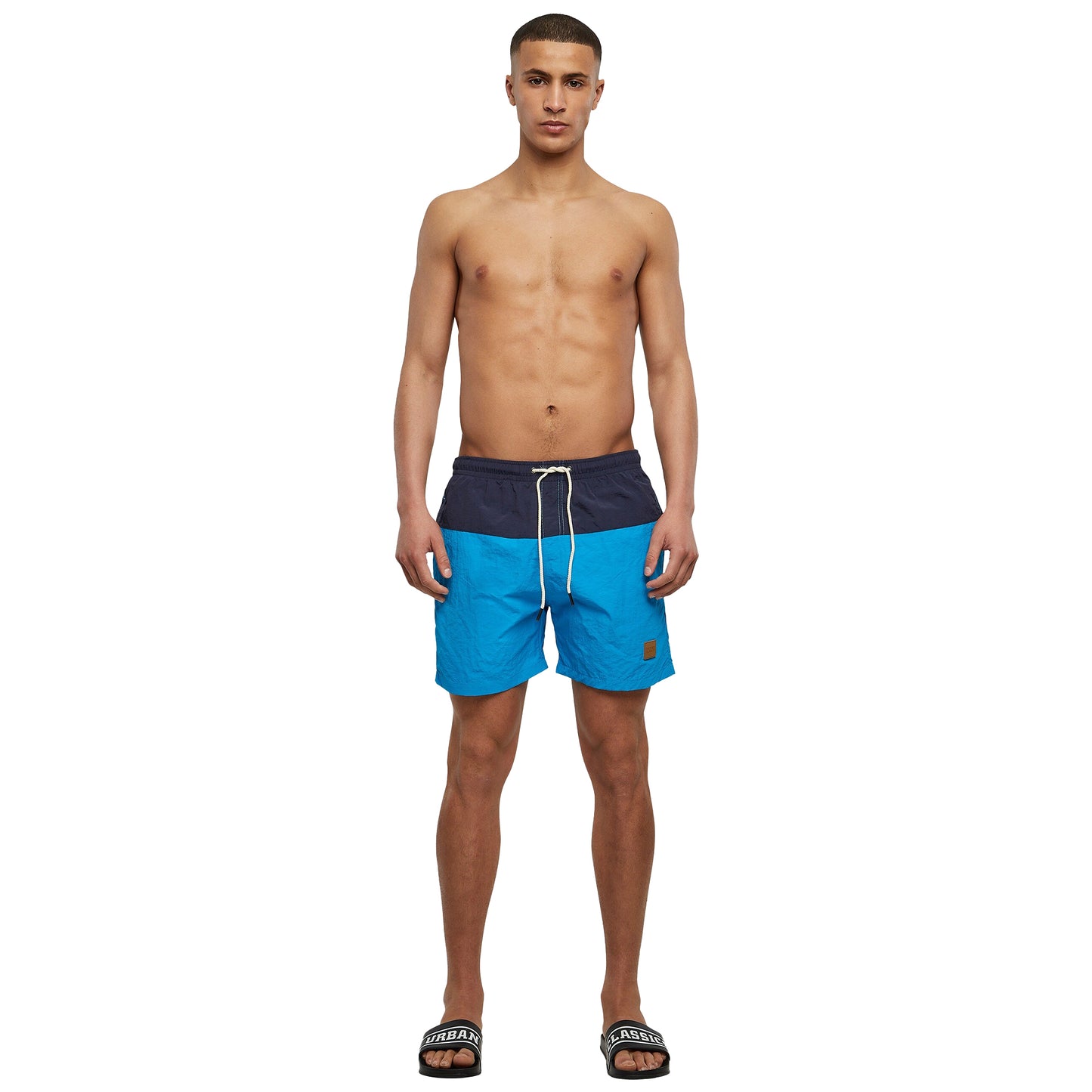 Navy-Turquoise - Side - Urban Classics Mens Block Swim Shorts