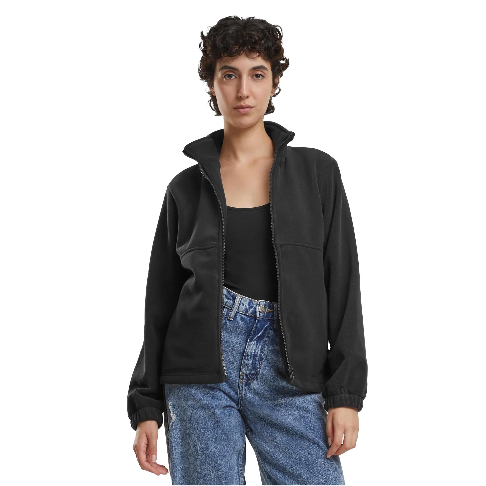 Black - Side - Urban Classics Womens-Ladies Plain Polar Fleece Double Layer Jacket
