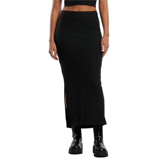 Black - Front - Urban Classics Womens-Ladies Ribbed High Slit Maxi Skirt